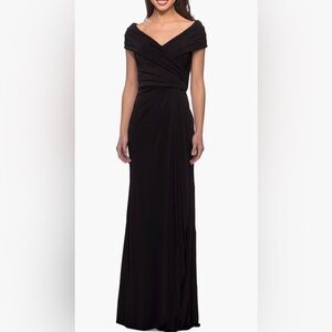 La Femme Ruched Jersey Long Gown with V-neckline black Dress